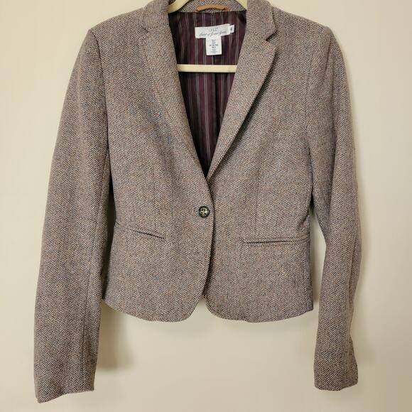 NWOT H&M LOGG Size 6 Brown Herringbone 1Button Wool Blazer Jacket Elbow Patch - Picture 1 of 13